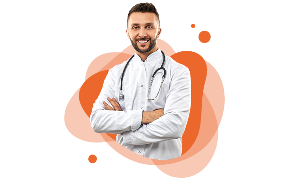 Confident male doctor in white coat with stethoscope - D Plus Connect healthcare marketing