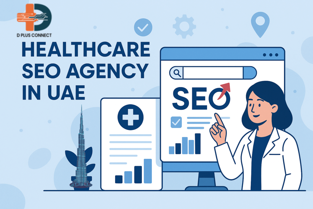 Flat design illustration of a healthcare SEO agency in the UAE, showing a female expert in a lab coat pointing to SEO analytics on a screen.