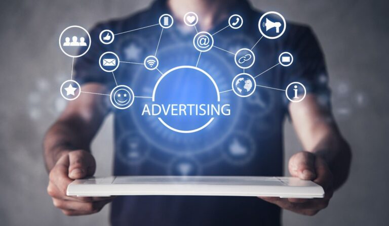 Illustration of digital online advertisements across devices including laptop, smartphone, and tablet