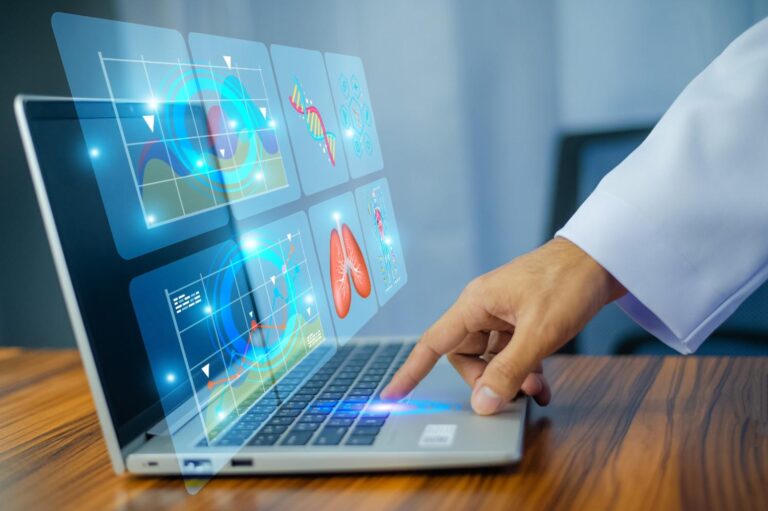 Healthcare professional analyzing digital marketing strategy on laptop with SEO and social media icons
