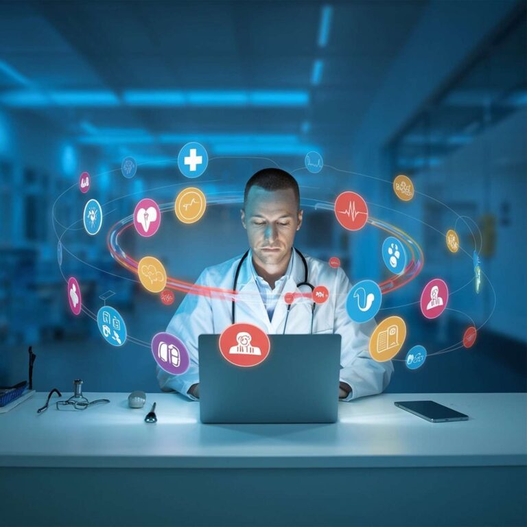 Doctor using smartphone for social media marketing in a Kerala clinic