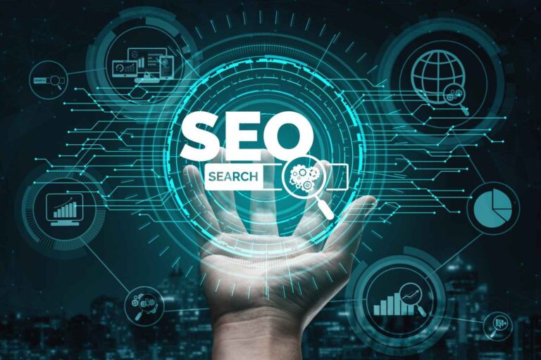 Infographic showing SEO strategies including keyword research, content optimization, and backlink building