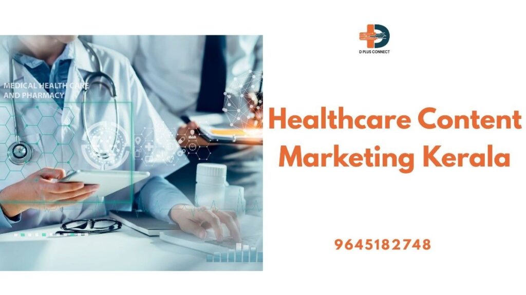 Illustration showing doctors, content creators, and digital marketing elements like blogs, SEO, and charts – representing healthcare content marketing Kerala.