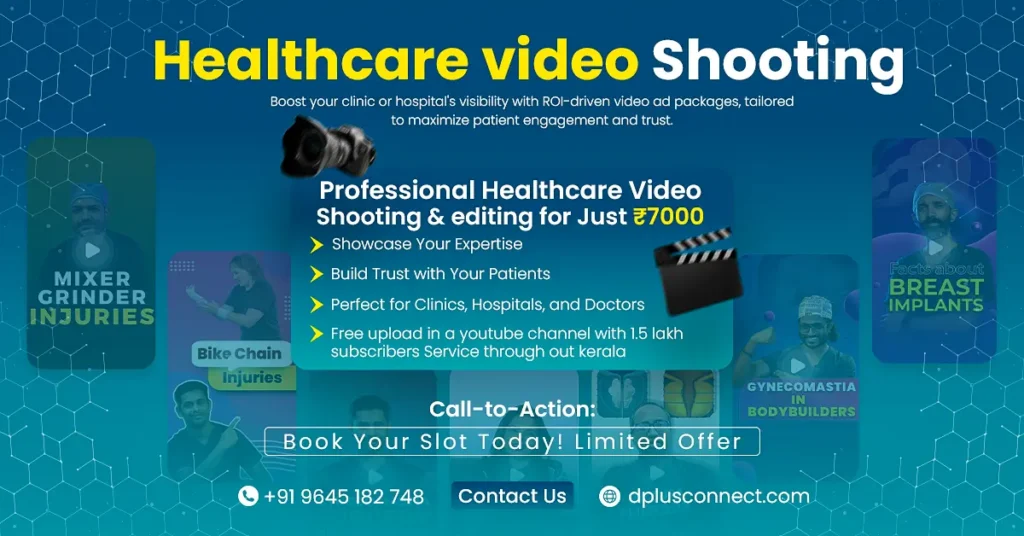Healthcare video shooting team with professional equipment capturing a doctor-patient interaction in a Kerala hospital.