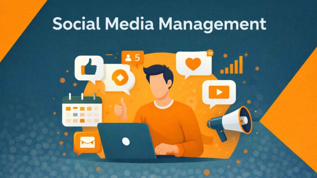 Social media management illustration showing a person working on a laptop with engagement icons, analytics, calendar, and marketing tools.