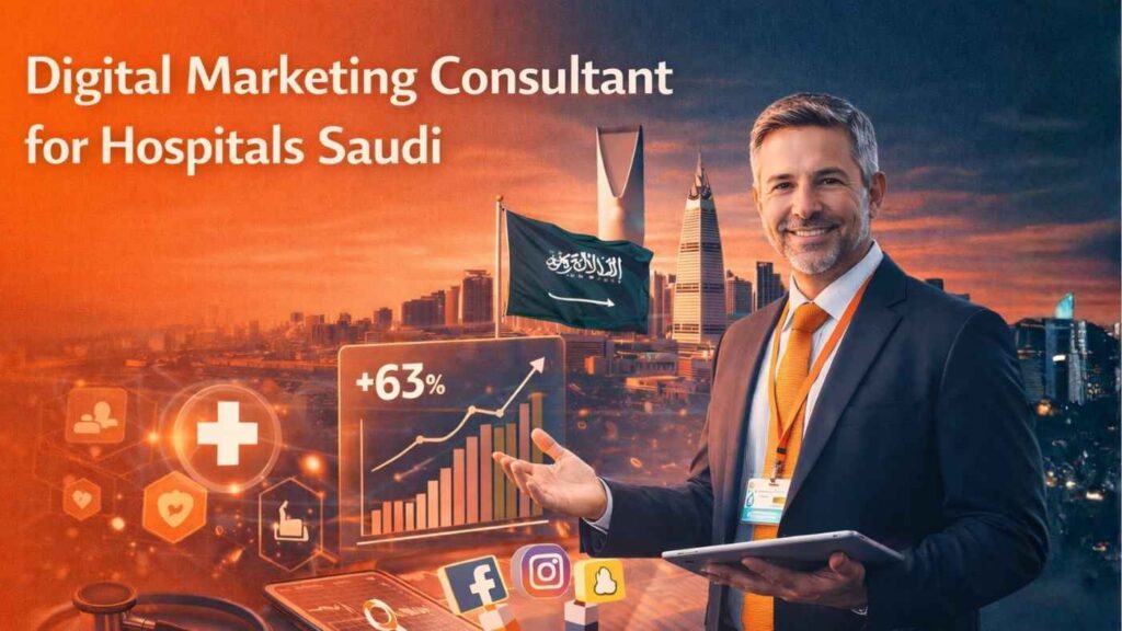 Digital marketing consultant for hospitals in Saudi Arabia presenting healthcare growth analytics with city skyline and digital health icons.