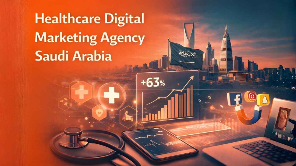 Healthcare digital marketing agency concept in Saudi Arabia with city skyline, medical icons, analytics dashboard, and social media symbols.