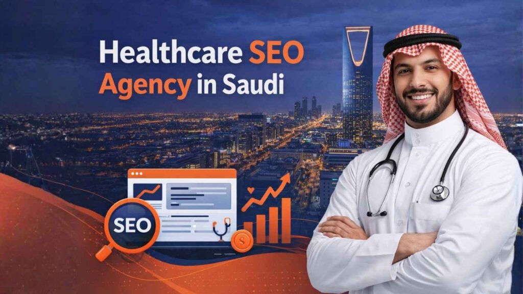 Healthcare professional in traditional Saudi attire standing in front of a city skyline with healthcare SEO graphics and growth analytics in Saudi Arabia.