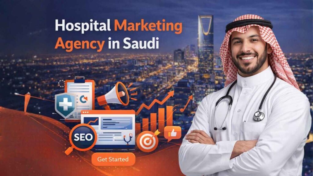 Hospital marketing agency concept in Saudi Arabia showing a healthcare professional with digital marketing icons and growth analytics over a city skyline.