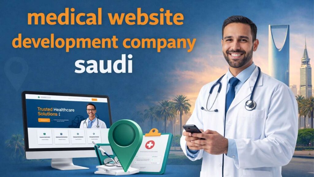 Doctor holding a smartphone with medical website development company services in Saudi Arabia displayed on a digital screen background.