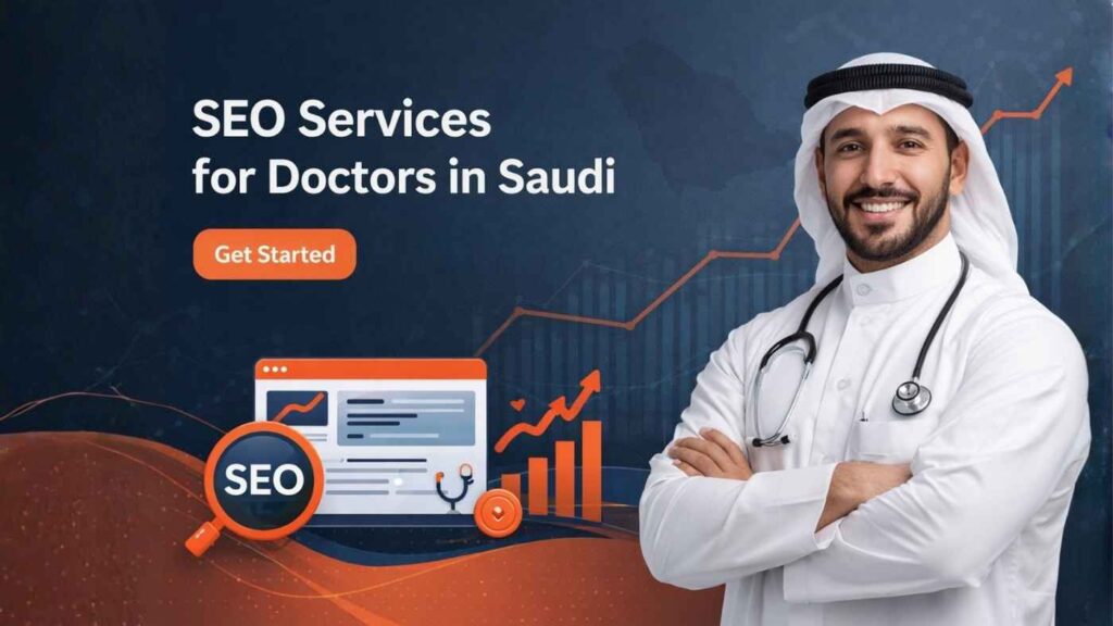 Doctor in traditional Saudi attire standing with crossed arms beside SEO analytics graphics and text promoting SEO services for doctors in Saudi Arabia.