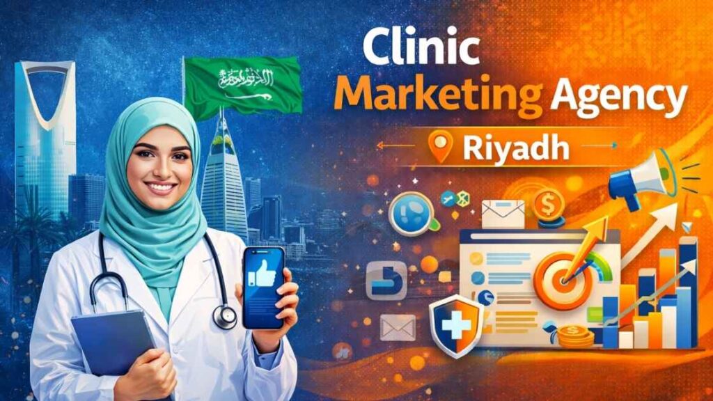 Clinic marketing agency in Riyadh illustrated with a healthcare professional, mobile phone, and digital marketing graphics showing analytics, social media, and growth indicators.