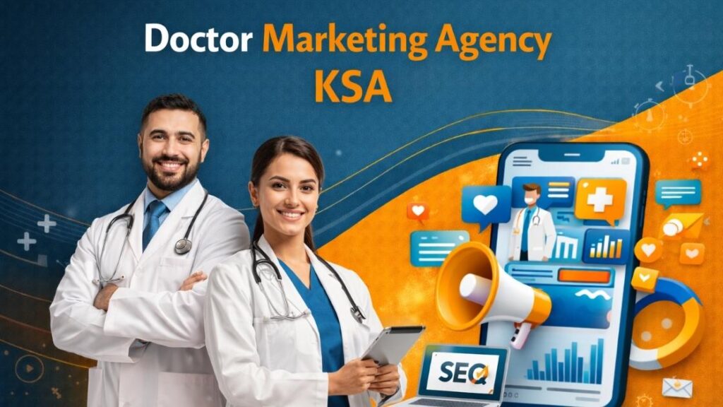 Doctor marketing agency services in KSA with medical professionals and digital marketing tools illustration.