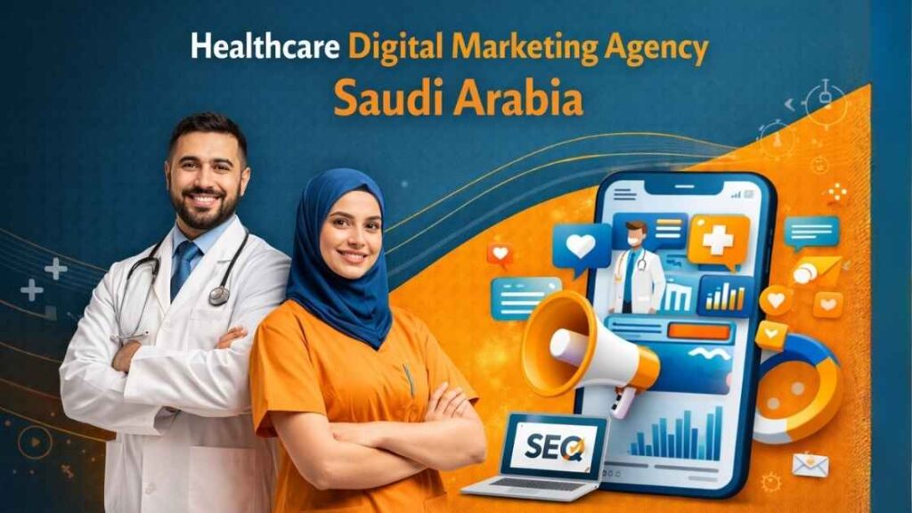 Healthcare digital marketing agency services in Saudi Arabia with doctors and mobile marketing analytics illustration.