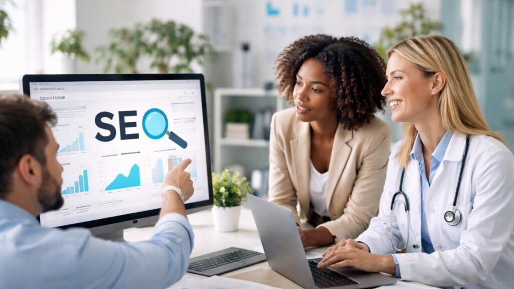 Healthcare professionals discussing SEO analytics on computer for medical digital marketing strategy