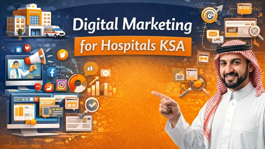 Digital marketing for hospitals in KSA illustration showing healthcare online marketing and SEO strategy