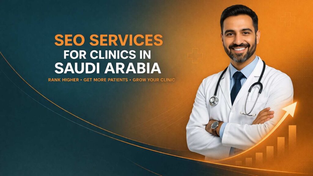 Doctor promoting SEO services for clinics in Saudi Arabia with growth chart and digital marketing concept