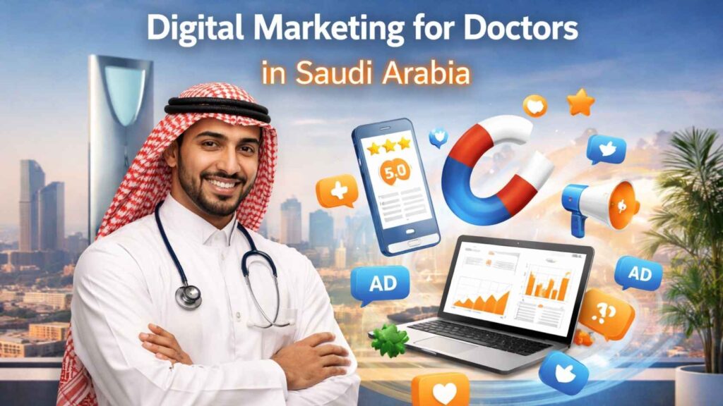 Doctor promoting digital marketing services with online tools and analytics for healthcare growth in Saudi Arabia