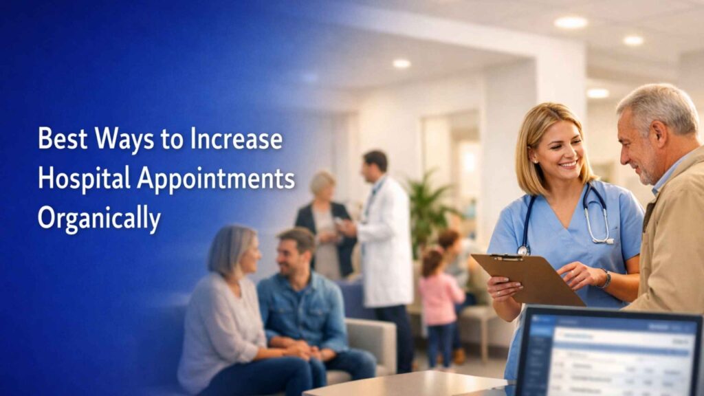 Modern hospital reception scene showing natural patient flow and staff interaction, representing trust-based growth and digital engagement — Best Ways to Increase Hospital Appointments Organically.
