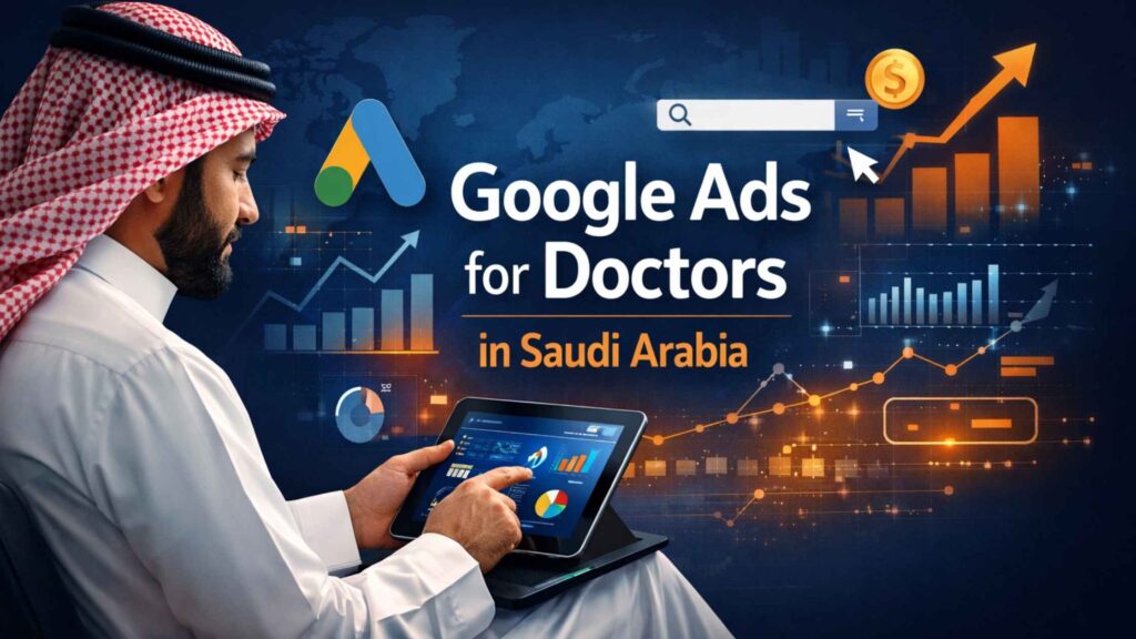 Google Ads for Doctors in Saudi Arabia concept showing Saudi doctor using digital marketing analytics and online advertising tools