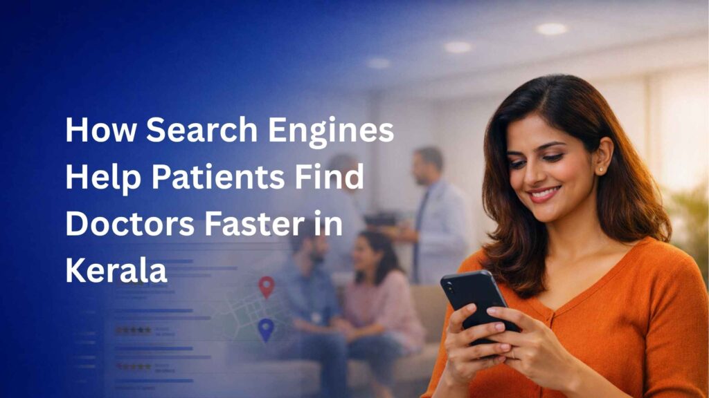 Indian patient smiling while using a smartphone with blurred clinic background, symbolizing digital discovery — How Search Engines Help Patients Find Doctors Faster in Kerala.