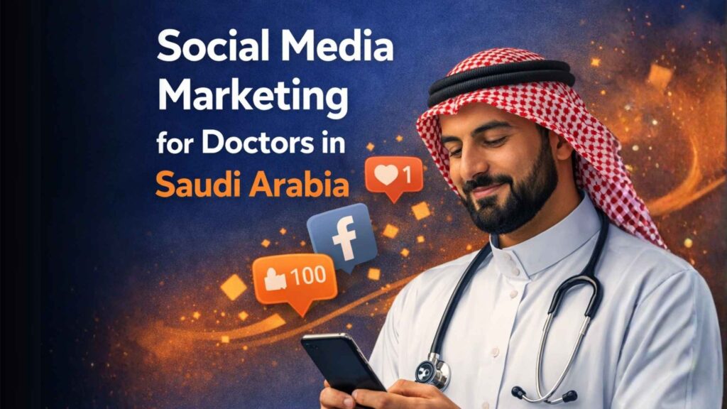 Saudi Arabian doctor holding a smartphone with social media icons, representing Social Media Marketing for Doctors in Saudi Arabia