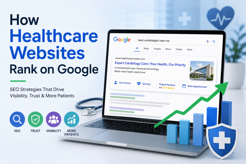 Modern healthcare SEO featured image showing a laptop with Google search results, rising analytics chart, medical icons, and the text “How Healthcare Websites Rank on Google