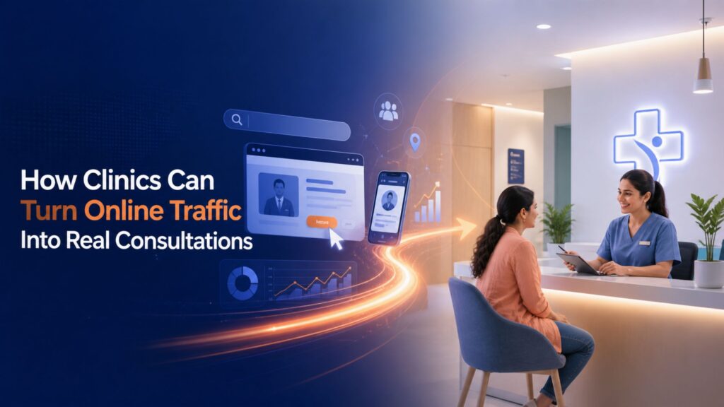 How Clinics Can Turn Online Traffic Into Real Consultations showing digital marketing flow leading to a real clinic consultation