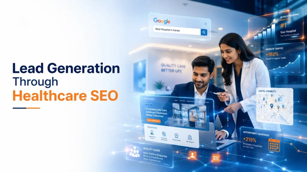 Lead-generation-through-healthcare-SEO banner showing healthcare digital marketing professionals analyzing hospital website growth, Google search visibility, patient inquiry analytics, and online appointment generation in a premium corporate healthcare environment.