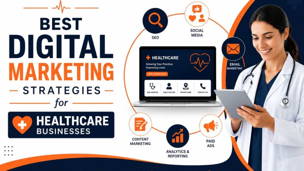 Best Digital Marketing Strategies for Healthcare Businesses banner featuring a healthcare professional, SEO, social media, email marketing, analytics, and healthcare digital marketing concepts.