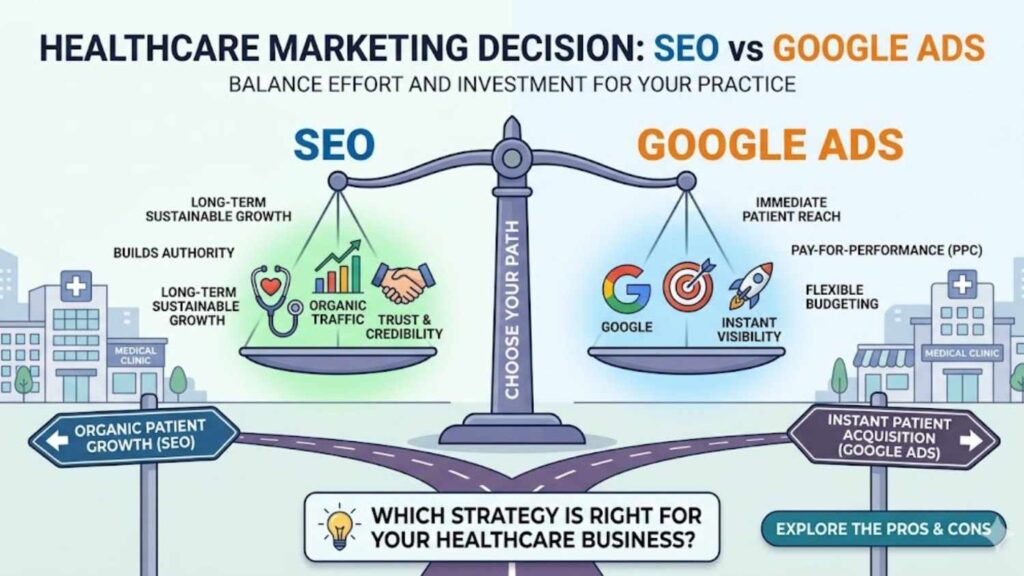 Infographic comparing SEO and Google Ads strategies for a healthcare business.Caption: Choosing between long-term growth and immediate results: SEO vs Google Ads for your practice