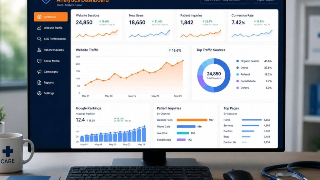 Healthcare marketing analytics dashboard displaying website traffic growth, Google ranking performance, patient inquiry metrics, SEO analytics, and digital marketing reports for healthcare businesses.