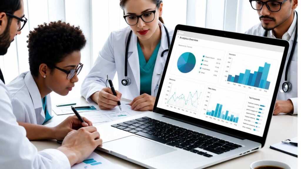 Healthcare digital marketing team analyzing SEO analytics dashboard, website traffic reports, patient engagement metrics, and online marketing performance for healthcare businesses.
