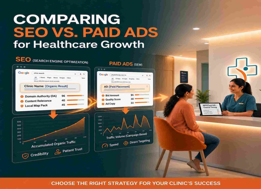 Difference Between SEO and Paid Ads for Healthcare Businesses infographic showing organic SEO growth and paid advertising strategies for healthcare clinics
