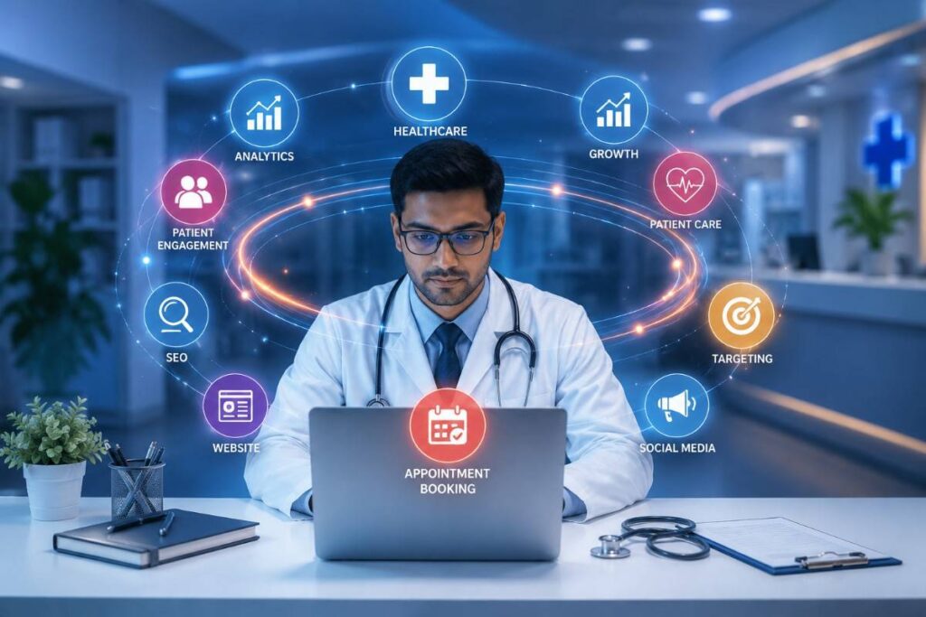 Digital Marketing for Clinics in Kayamkulam showcasing a healthcare professional using a laptop with digital marketing analytics, SEO, patient engagement, and online growth icons in a modern clinical environment.