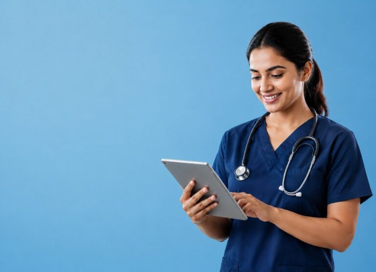 Professional female clinic staff using a tablet for Digital Marketing for Clinics in Ettumanoor, representing healthcare technology, online patient engagement, and modern clinic marketing.