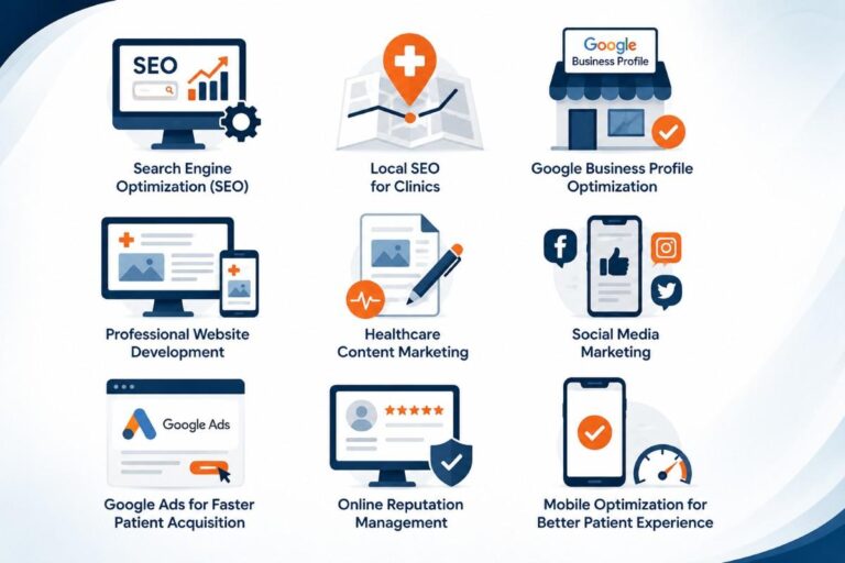 Digital Marketing for Clinics in Kollam illustration showcasing essential healthcare digital marketing services, including SEO, Local SEO, Google Business Profile optimization, website development, content marketing, social media marketing, Google Ads, online reputation management, and mobile optimization.