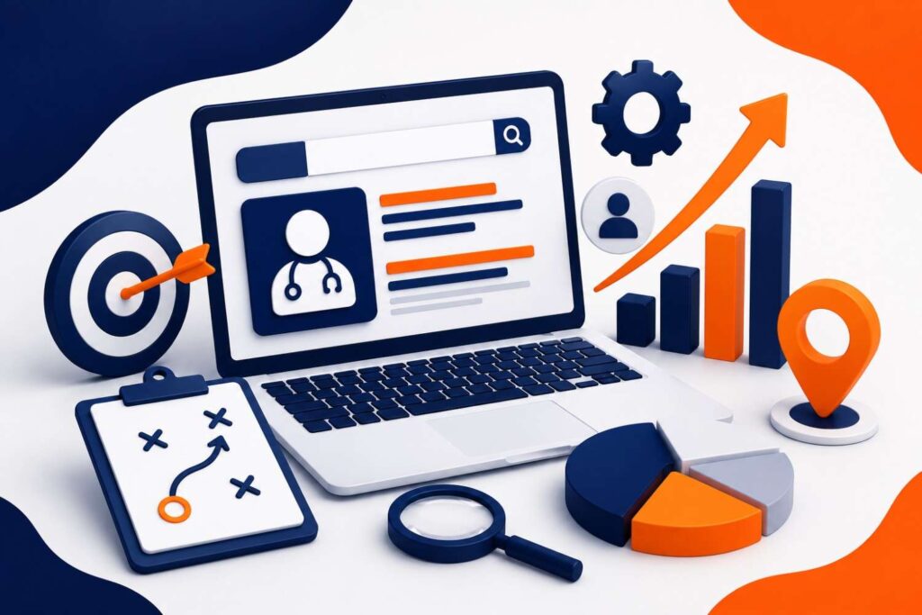 Medical SEO Strategy illustration showing healthcare website optimization, keyword planning, search visibility, local SEO, and patient acquisition growth.