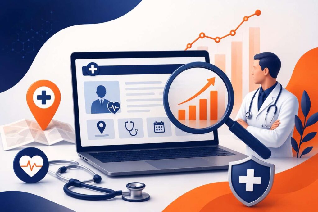 Medical SEO Services illustration showing healthcare website optimization, search visibility, local SEO, and digital growth for medical practices.