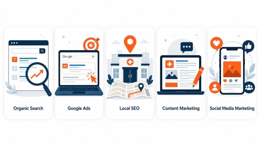 Digital Marketing for Clinics in Karunagappally infographic illustrating patient acquisition strategies through Organic Search, Google Ads, Local SEO, Content Marketing, and Social Media Marketing.