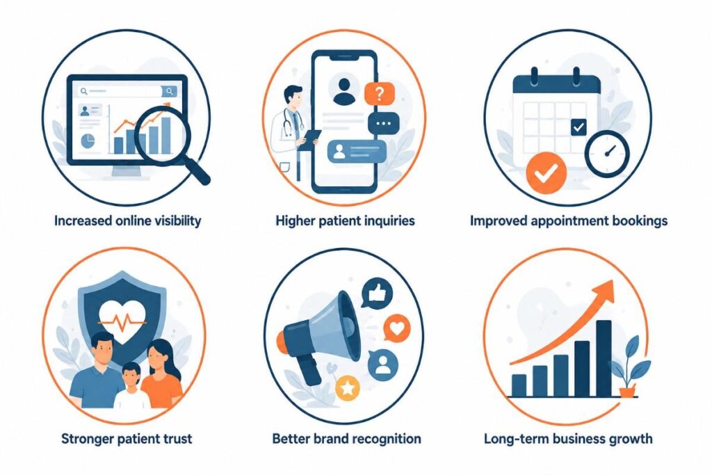Digital Marketing for Clinics in Neyyattinkara infographic illustrating key benefits such as increased online visibility, higher patient inquiries, improved appointment bookings, stronger patient trust, better brand recognition, and long-term business growth.