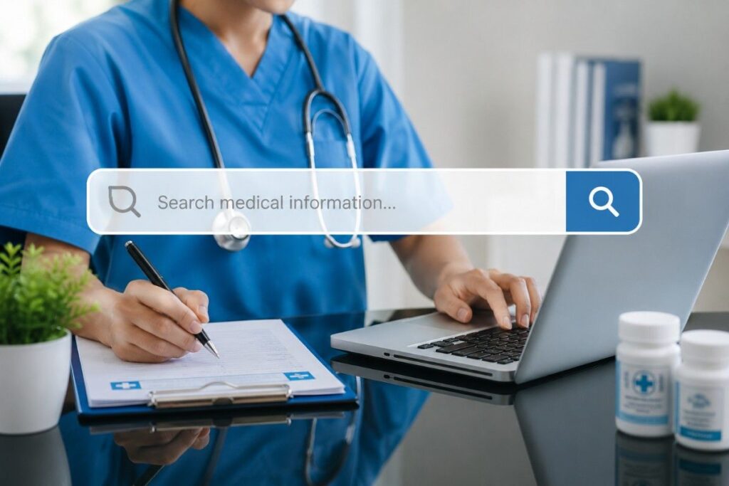 Common Medical SEO Mistakes shown through a healthcare professional using a laptop and search interface, highlighting errors in medical website optimization and search visibility.