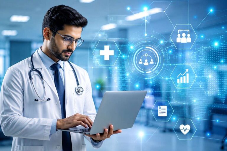 Digital Marketing for Clinics in Kollam featuring an Indian doctor using a laptop with advanced digital healthcare technology, analytics, and online marketing concepts to improve clinic visibility and patient engagement.