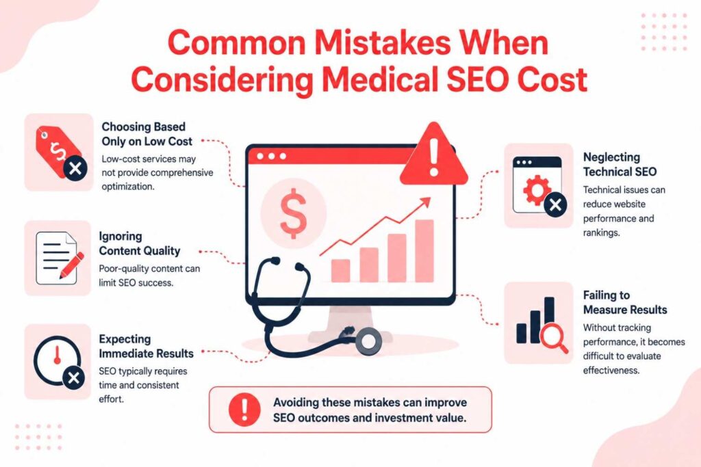 Common Mistakes When Considering Medical SEO Cost infographic showing low-cost SEO decisions, poor content quality, unrealistic expectations, technical SEO neglect, and lack of performance measurement.
