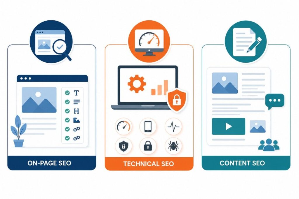 Illustration showing On-Page SEO, Technical SEO, and Content SEO for Digital Marketing for Clinics in Kayamkulam.