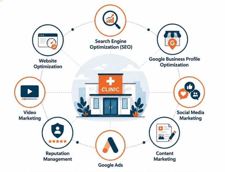 Digital Marketing for Clinics in Thiruvananthapuram illustration showing key online marketing strategies including SEO, Google Business Profile optimization, social media marketing, content marketing, Google Ads, reputation management, website optimization, and video marketing surrounding a healthcare clinic.