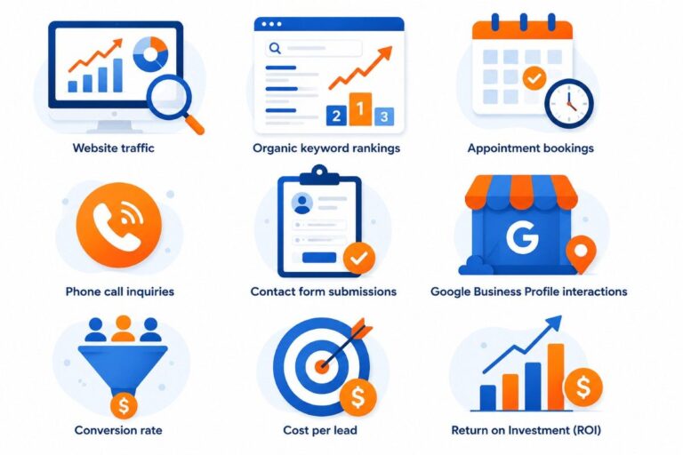 Illustration showing key digital marketing performance metrics, including website traffic, keyword rankings, appointment bookings, and ROI for Digital Marketing for Clinics in Mavelikkara.