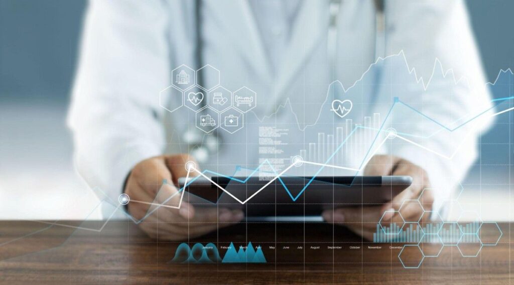 Medical SEO ROI growth analytics displayed on a digital healthcare dashboard, showing patient acquisition trends, website performance metrics, and healthcare marketing data.