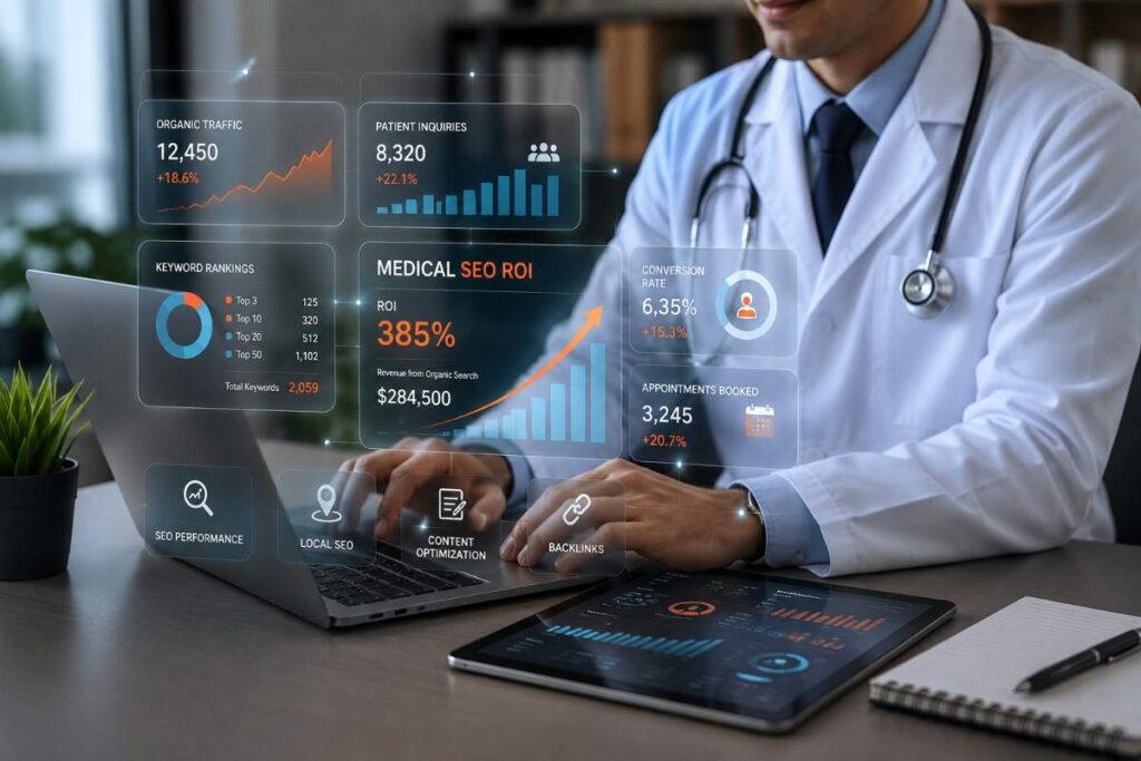 Medical SEO ROI dashboard showing healthcare SEO analytics, patient acquisition metrics, and organic search growth performance.