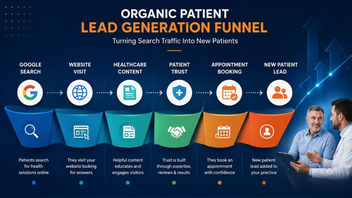How Medical SEO Helps Generate Patient Leads infographic illustrating the patient journey from Google Search to website visits, trust building, appointment booking, and lead generation.